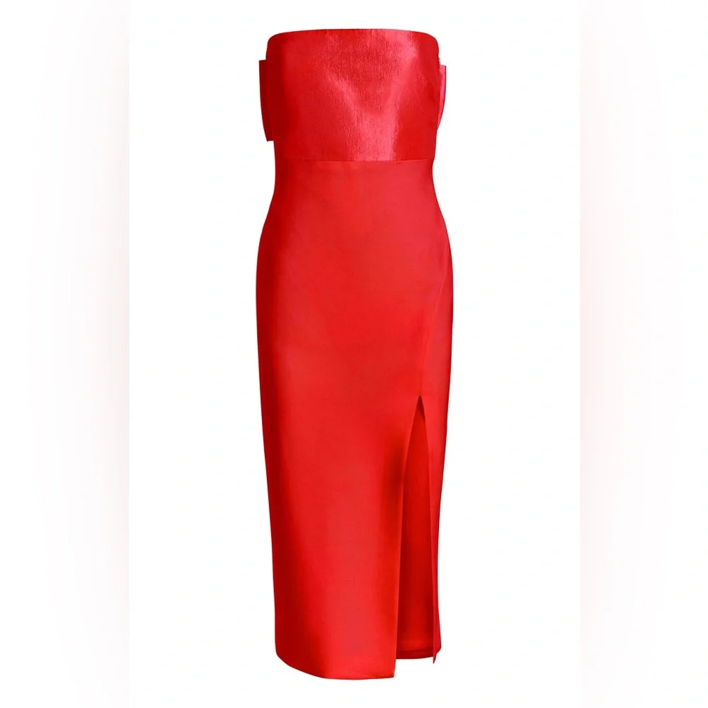 Likely Valerie‎ Strapless Bow Back Dress Size 6 Red Midi Slit NWT